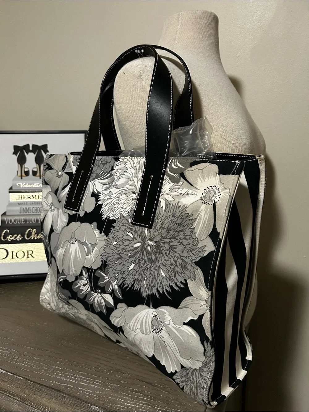 Burberry London Y2K Vintage Leather Trimmed Floral Canvas Tote With Pouch